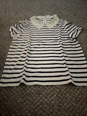 kate spade Navy & White Striped Short Sleeve Top with Lace Collar